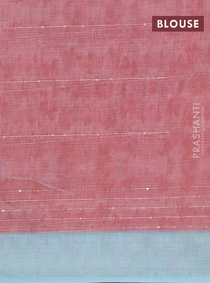 Linen cotton saree pastel blue and off white with stripes pattern & sequin work and silver zari woven border