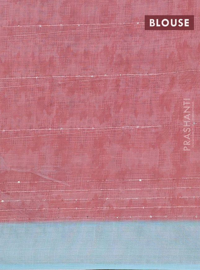 Linen cotton saree pastel blue and off white with stripes pattern & sequin work and silver zari woven border