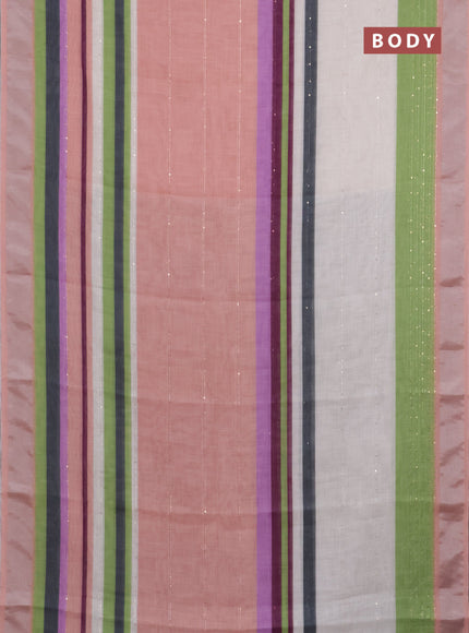 Linen cotton saree peach and off white with stripes pattern & sequin work and silver zari woven border