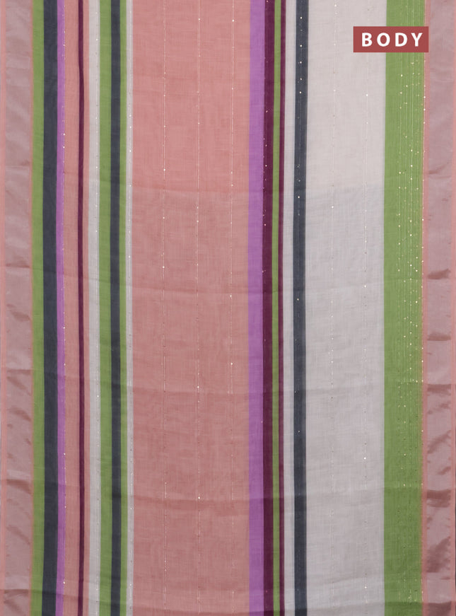 Linen cotton saree peach and off white with stripes pattern & sequin work and silver zari woven border