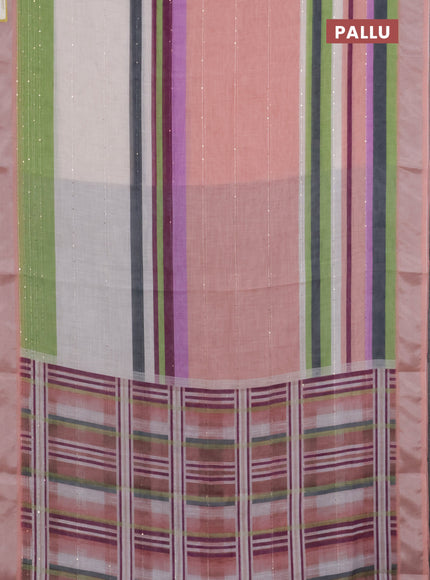 Linen cotton saree peach and off white with stripes pattern & sequin work and silver zari woven border