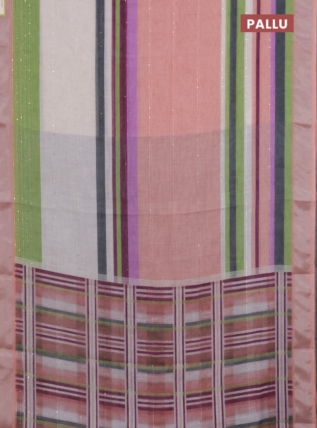 Linen cotton saree peach and off white with stripes pattern & sequin work and silver zari woven border