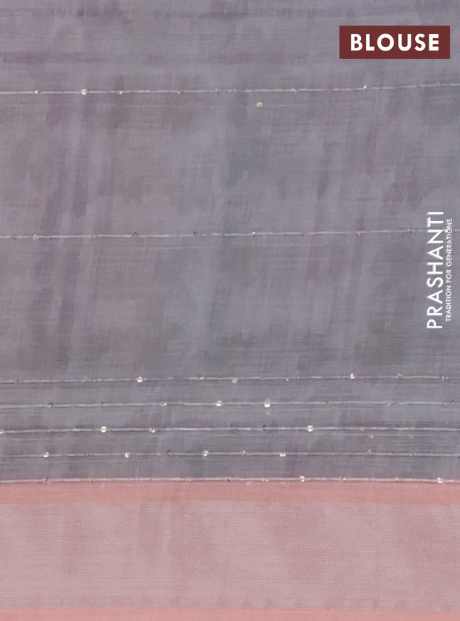 Linen cotton saree peach and off white with stripes pattern & sequin work and silver zari woven border