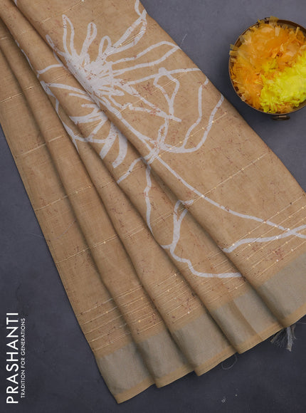 Linen cotton saree sandal with allover prints & sequin work and silver zari woven border