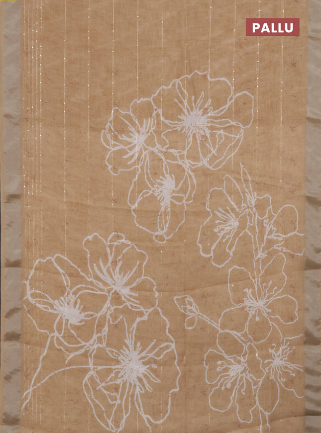 Linen cotton saree sandal with allover prints & sequin work and silver zari woven border