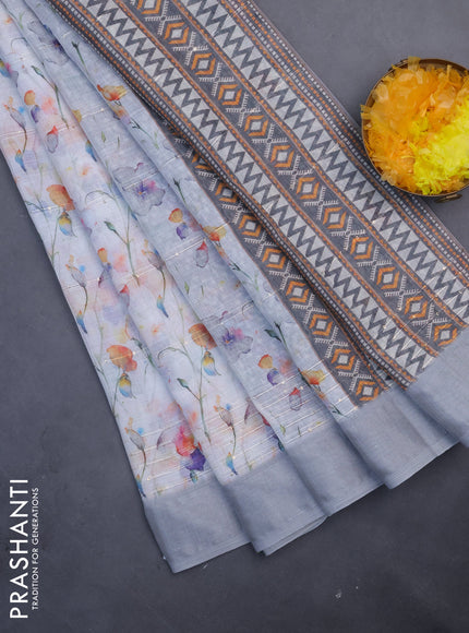 Linen cotton saree off white and grey with allover floral prints & sequin work and silver zari woven border