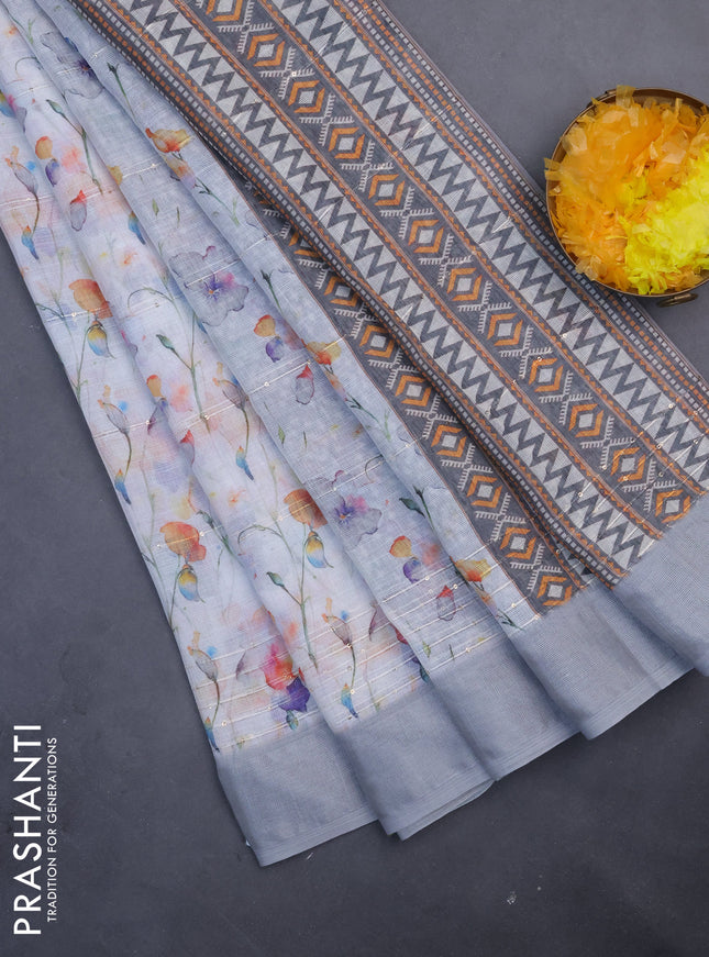 Linen cotton saree off white and grey with allover floral prints & sequin work and silver zari woven border