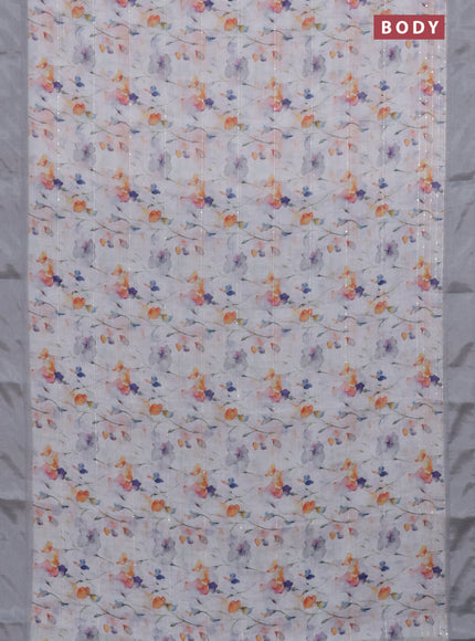 Linen cotton saree off white and grey with allover floral prints & sequin work and silver zari woven border