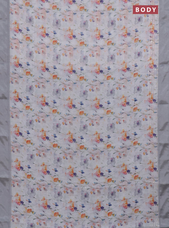 Linen cotton saree off white and grey with allover floral prints & sequin work and silver zari woven border