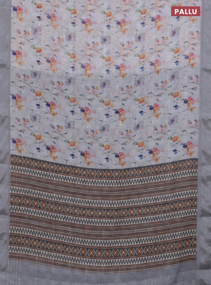Linen cotton saree off white and grey with allover floral prints & sequin work and silver zari woven border