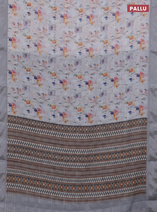 Linen cotton saree off white and grey with allover floral prints & sequin work and silver zari woven border