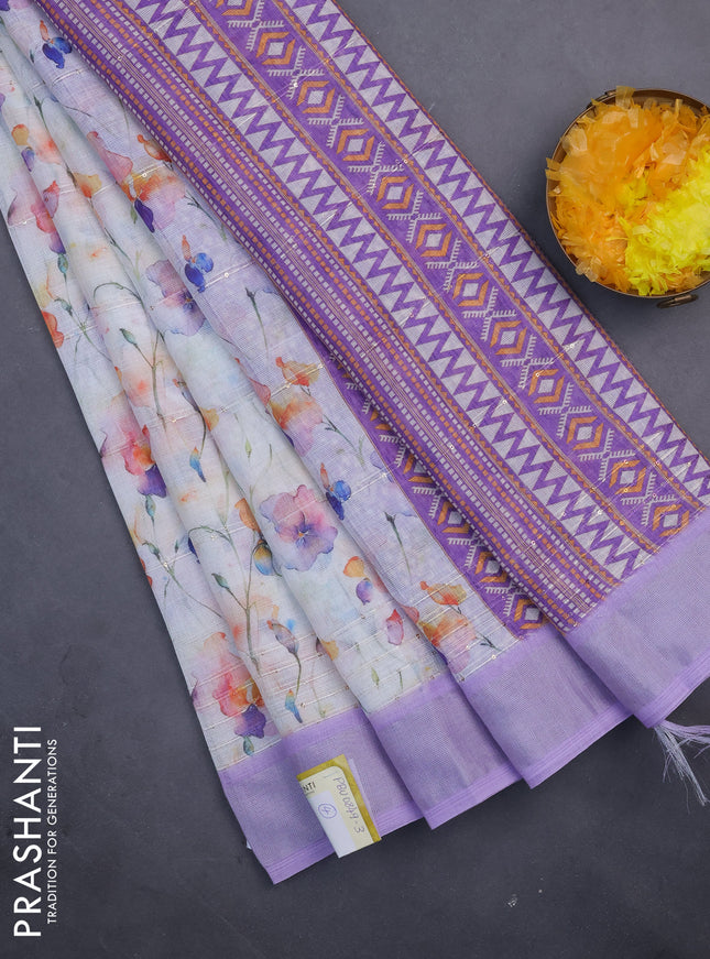 Linen cotton saree off white and lavender with allover floral prints & sequin work and silver zari woven border