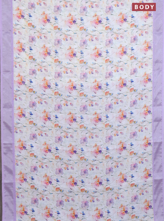 Linen cotton saree off white and lavender with allover floral prints & sequin work and silver zari woven border