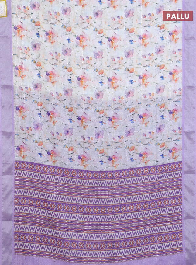 Linen cotton saree off white and lavender with allover floral prints & sequin work and silver zari woven border