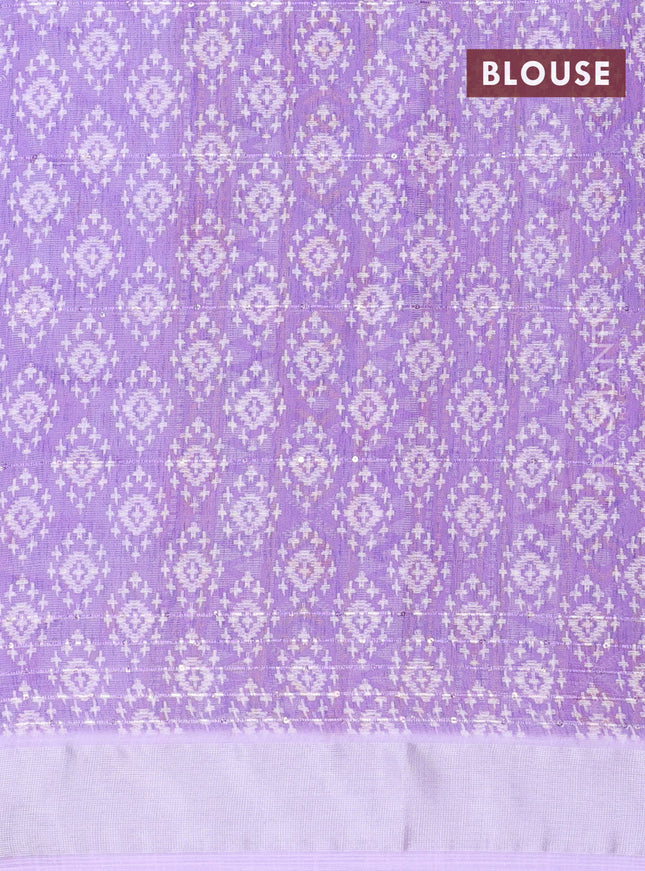 Linen cotton saree off white and lavender with allover floral prints & sequin work and silver zari woven border