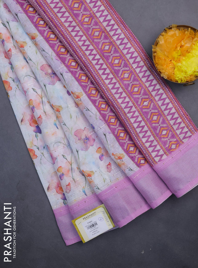 Linen cotton saree off white and light pink with allover floral prints & sequin work and silver zari woven border