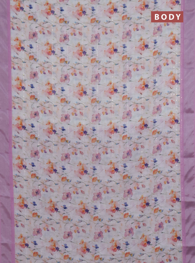 Linen cotton saree off white and light pink with allover floral prints & sequin work and silver zari woven border