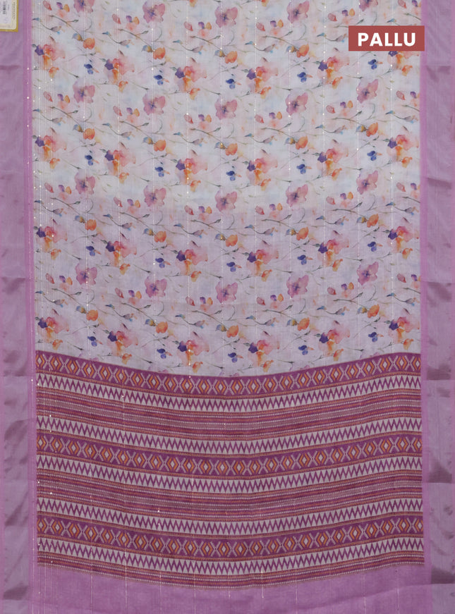 Linen cotton saree off white and light pink with allover floral prints & sequin work and silver zari woven border