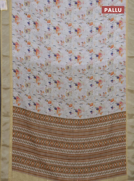 Linen cotton saree off white and pale yellow with allover floral prints & sequin work and silver zari woven border