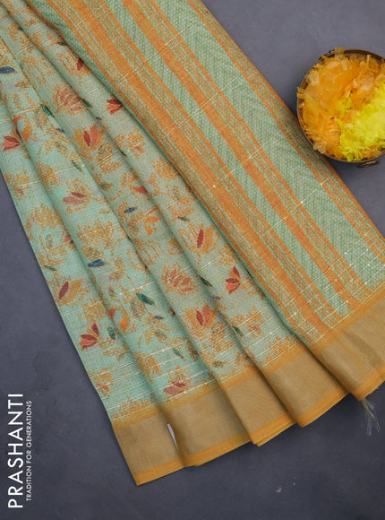 Linen cotton saree light green and mustard shade with allover prints & sequin work and silver zari woven border