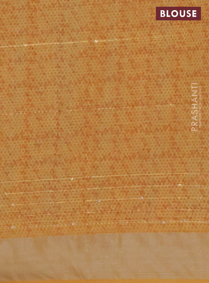 Linen cotton saree light green and mustard shade with allover prints & sequin work and silver zari woven border