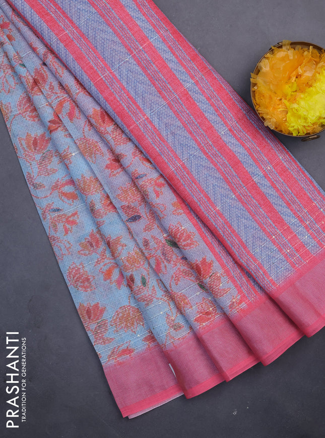 Linen cotton saree light blue and pink with allover prints & sequin work and silver zari woven border