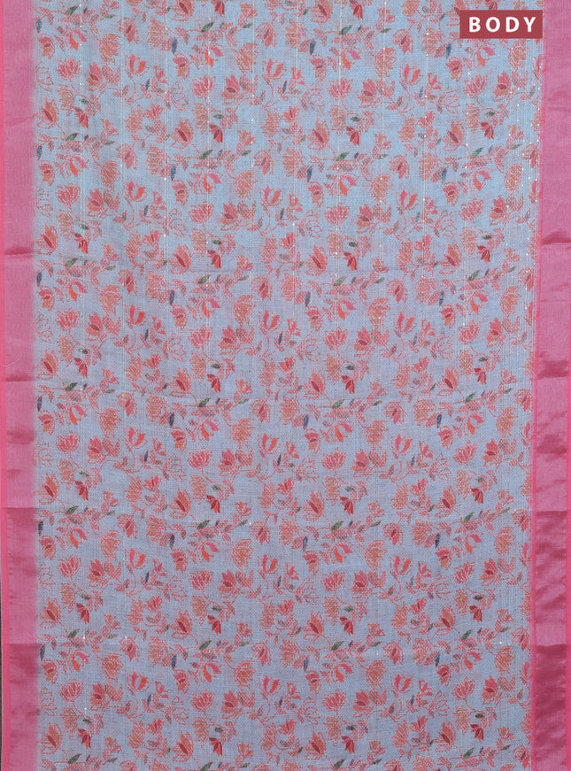 Linen cotton saree light blue and pink with allover prints & sequin work and silver zari woven border