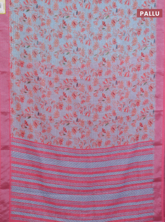 Linen cotton saree light blue and pink with allover prints & sequin work and silver zari woven border