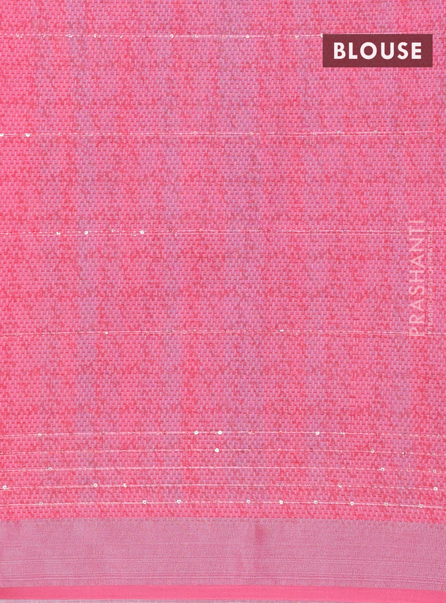 Linen cotton saree light blue and pink with allover prints & sequin work and silver zari woven border