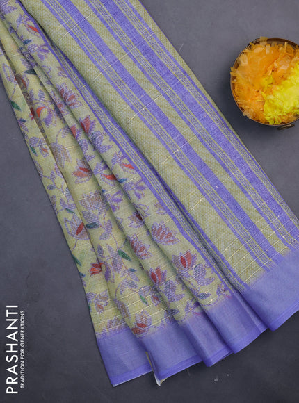 Linen cotton saree lime yellow and violet with allover prints & sequin work and silver zari woven border
