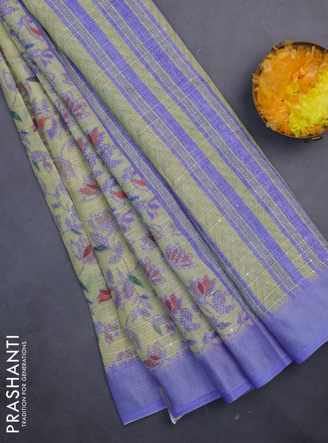 Linen cotton saree lime yellow and violet with allover prints & sequin work and silver zari woven border