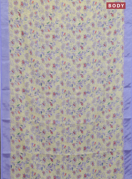 Linen cotton saree lime yellow and violet with allover prints & sequin work and silver zari woven border