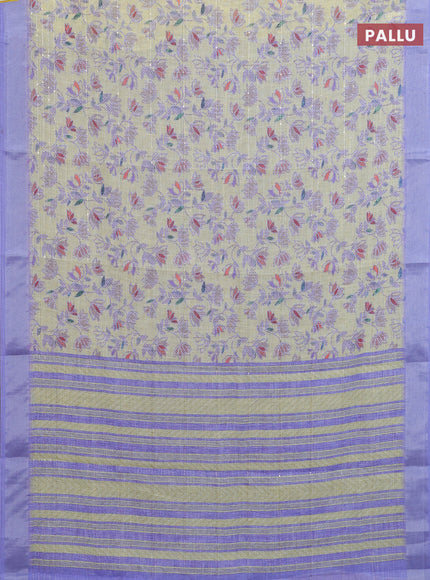 Linen cotton saree lime yellow and violet with allover prints & sequin work and silver zari woven border