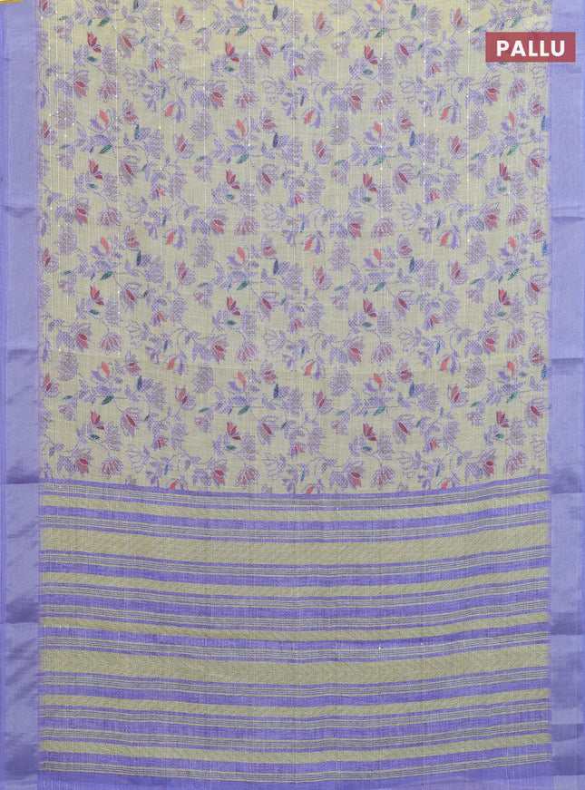 Linen cotton saree lime yellow and violet with allover prints & sequin work and silver zari woven border