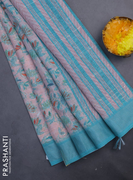 Linen cotton saree pastel pink and teal blue with allover prints & sequin work and silver zari woven border