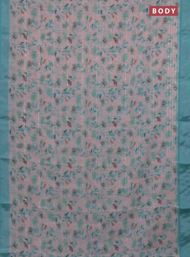 Linen cotton saree pastel pink and teal blue with allover prints & sequin work and silver zari woven border