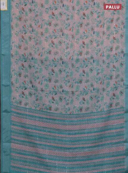 Linen cotton saree pastel pink and teal blue with allover prints & sequin work and silver zari woven border