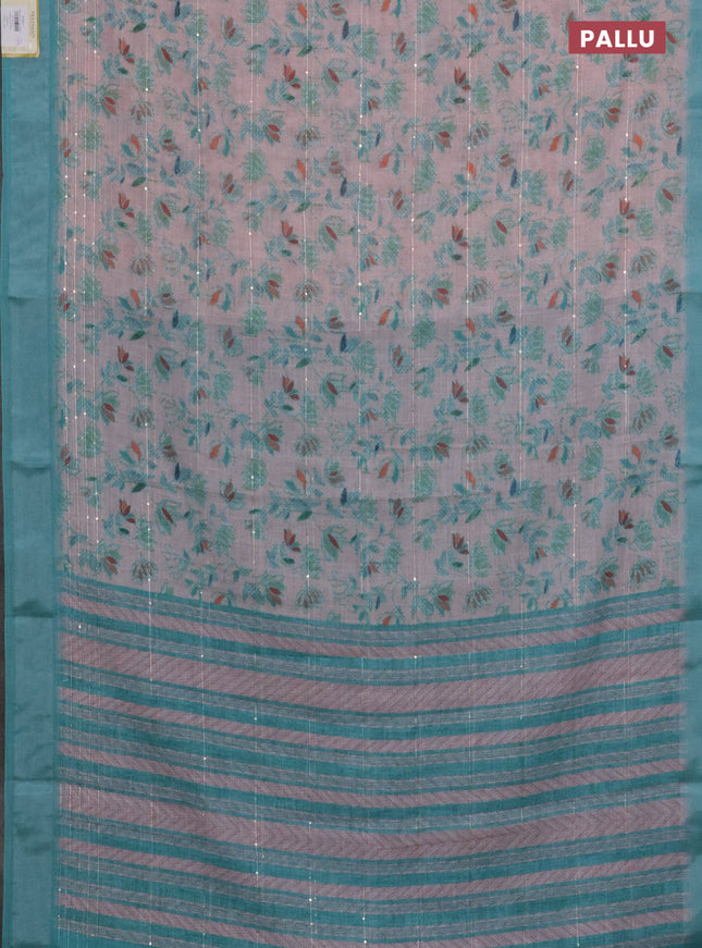 Linen cotton saree pastel pink and teal blue with allover prints & sequin work and silver zari woven border