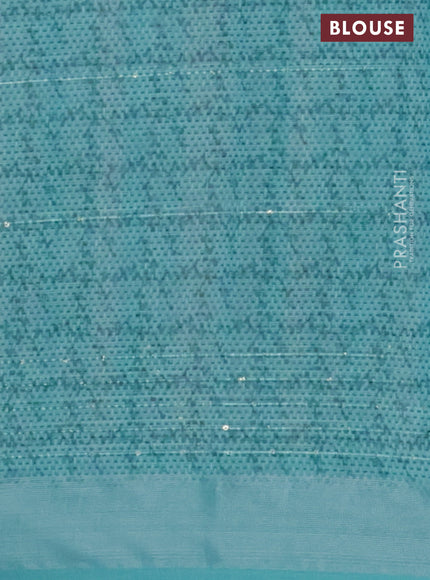 Linen cotton saree pastel pink and teal blue with allover prints & sequin work and silver zari woven border