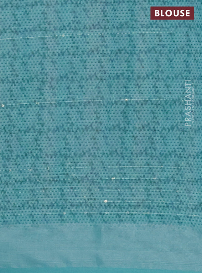 Linen cotton saree pastel pink and teal blue with allover prints & sequin work and silver zari woven border