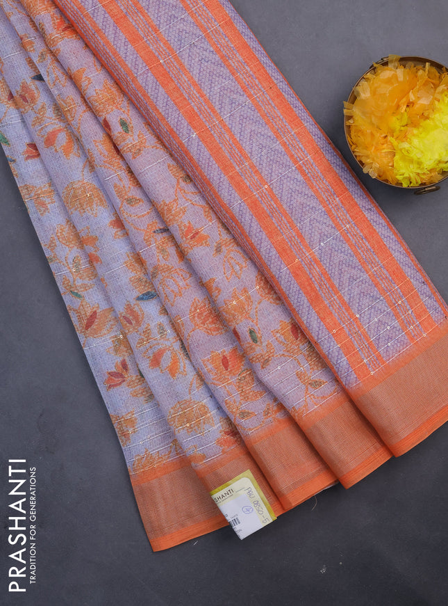 Linen cotton saree grey shade and orange with allover prints & sequin work and silver zari woven border
