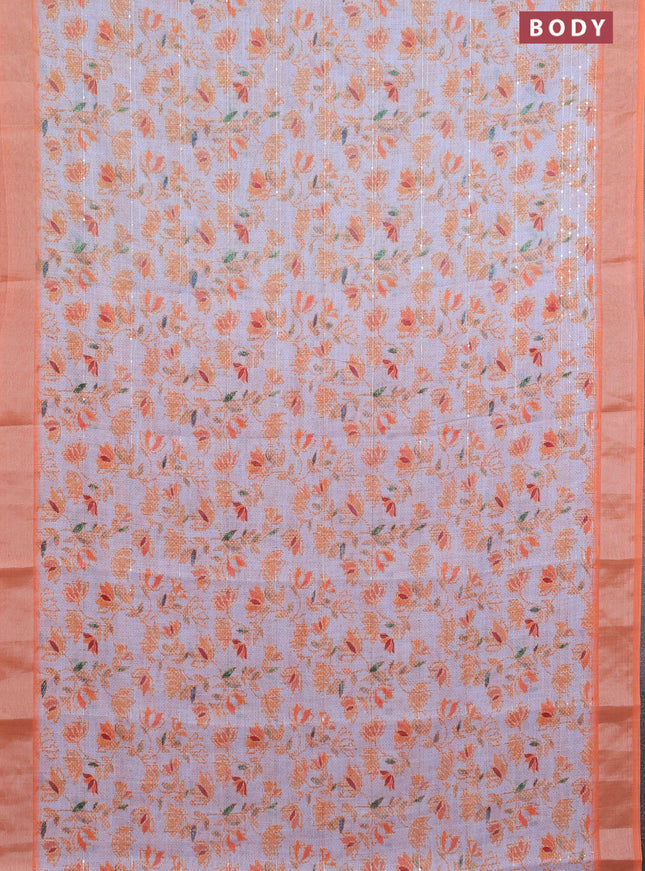 Linen cotton saree grey shade and orange with allover prints & sequin work and silver zari woven border