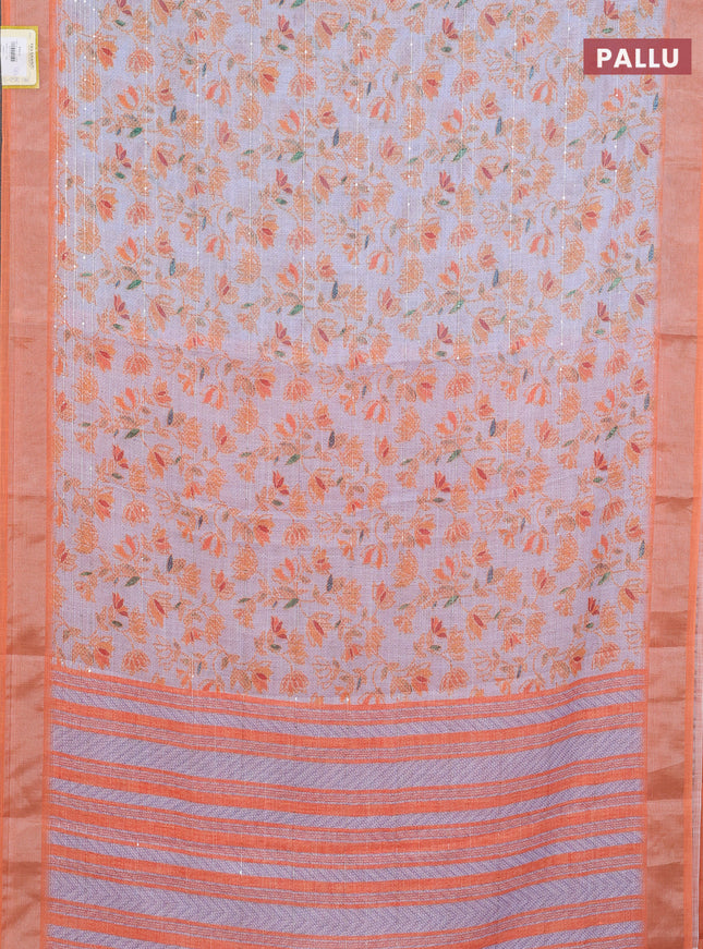 Linen cotton saree grey shade and orange with allover prints & sequin work and silver zari woven border