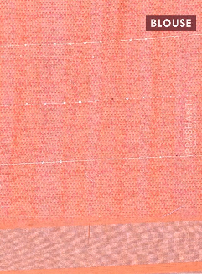 Linen cotton saree grey shade and orange with allover prints & sequin work and silver zari woven border