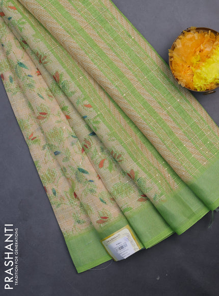 Linen cotton saree sandal and light green with allover prints & sequin work and silver zari woven border