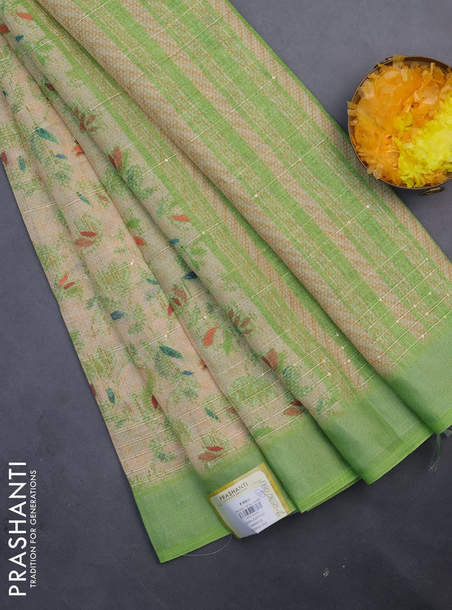 Linen cotton saree sandal and light green with allover prints & sequin work and silver zari woven border