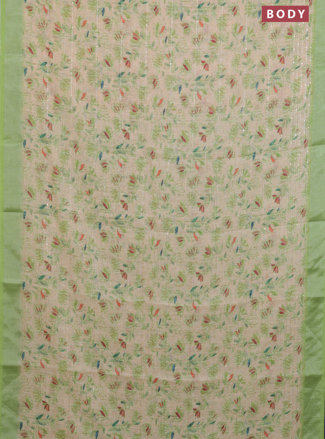 Linen cotton saree sandal and light green with allover prints & sequin work and silver zari woven border