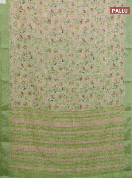 Linen cotton saree sandal and light green with allover prints & sequin work and silver zari woven border