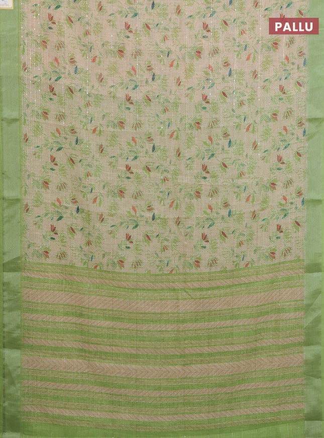 Linen cotton saree sandal and light green with allover prints & sequin work and silver zari woven border