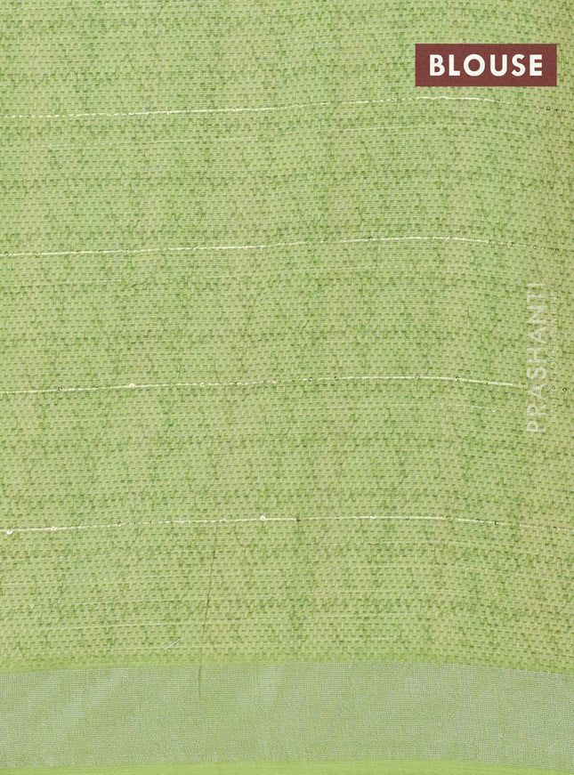 Linen cotton saree sandal and light green with allover prints & sequin work and silver zari woven border